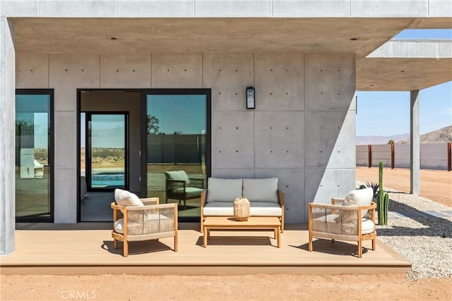 60632 Granville Rd, Joshua Tree, CA 92252 - view of patio / terrace with a deck with mountain view and outdoor lounge area