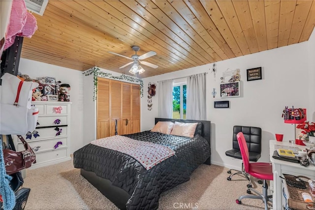 9707 Foothill Blvd, Sylmar, CA 91342 - carpeted bedroom with wooden ceiling, a closet, and ceiling fan