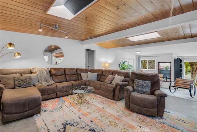 9707 Foothill Blvd, Sylmar, CA 91342 - carpeted living area with a skylight and a wooden ceiling with exposed beams
