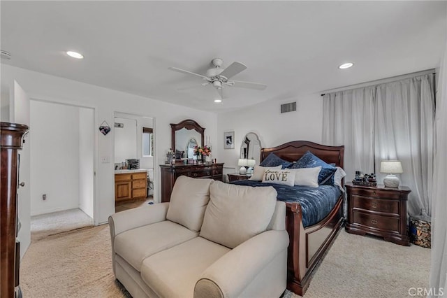 9707 Foothill Blvd, Sylmar, CA 91342 - bedroom featuring light colored carpet, recessed lighting, ceiling fan, and ensuite bath