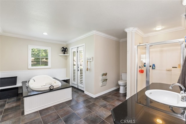 41559 Floyd Ct, Temecula, CA 92592 - bathroom with a bath, a shower stall, and ornamental molding