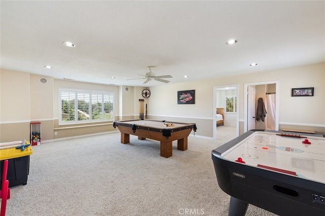 41559 Floyd Ct, Temecula, CA 92592 - recreation room featuring pool table, carpet flooring, recessed lighting, and a ceiling fan