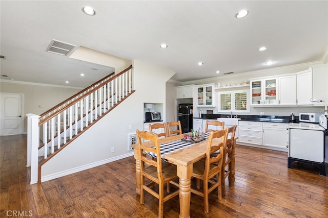 41559 Floyd Ct, Temecula, CA 92592 - dining room featuring ornamental molding, stairs, recessed lighting, and dark wood-type flooring