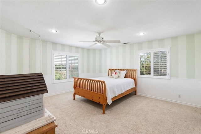 41559 Floyd Ct, Temecula, CA 92592 - carpeted bedroom featuring wallpapered walls, wainscoting, recessed lighting, and a ceiling fan