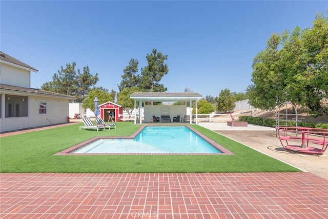 41559 Floyd Ct, Temecula, CA 92592 - swimming pool featuring a patio area, a fenced backyard, a storage shed, and a gazebo