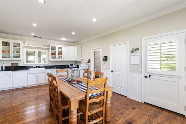41559 Floyd Ct, Temecula, CA 92592 - dining room featuring ornamental molding, dark wood-type flooring, recessed lighting, and a wainscoted wall