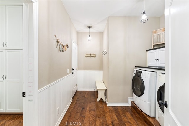 41559 Floyd Ct, Temecula, CA 92592 - laundry room featuring cabinet space, dark wood-style flooring, wainscoting, and separate washer and dryer