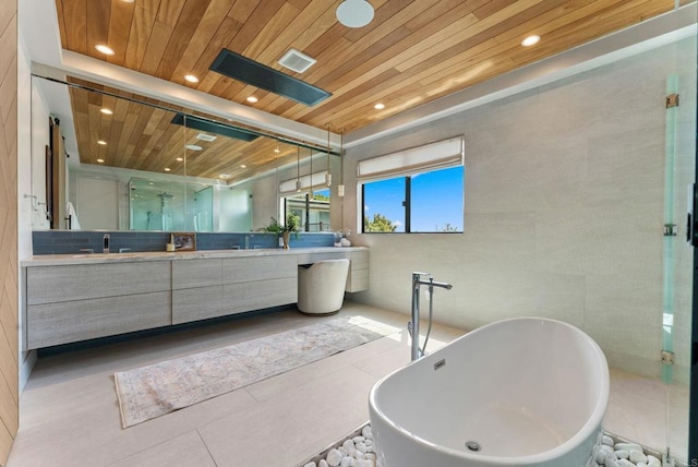 5530 Candlelight Dr, La Jolla, CA 92037 - bathroom with wood ceiling, double vanity, a shower stall, a freestanding tub, and recessed lighting