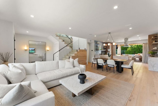 5530 Candlelight Dr, La Jolla, CA 92037 - living room featuring stairway, light wood-type flooring, and recessed lighting