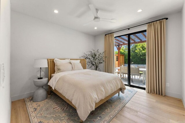 5530 Candlelight Dr, La Jolla, CA 92037 - bedroom featuring access to exterior, wood finished floors, recessed lighting, and ceiling fan