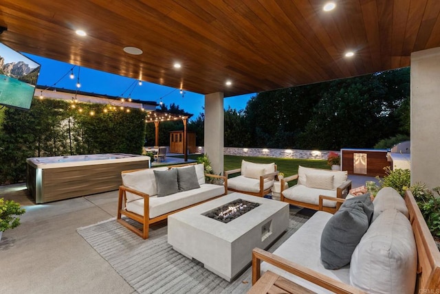 5530 Candlelight Dr, La Jolla, CA 92037 - view of patio featuring an outdoor living space with a fire pit and a hot tub