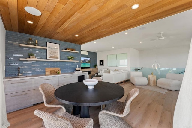 5530 Candlelight Dr, La Jolla, CA 92037 - dining space with wet bar, light wood finished floors, recessed lighting, wood ceiling, and a ceiling fan