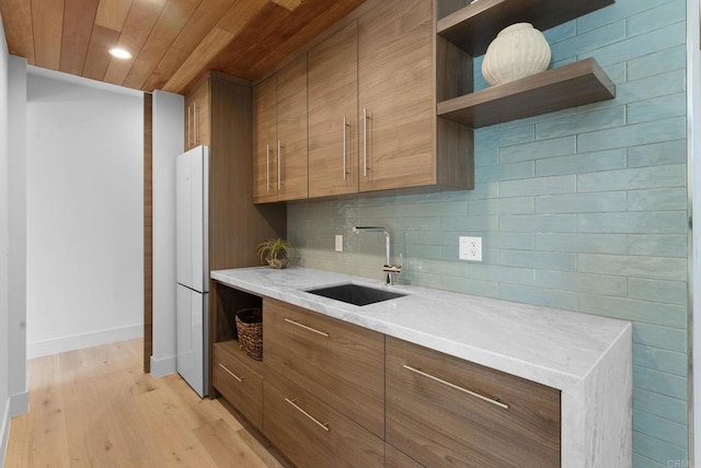 5530 Candlelight Dr, La Jolla, CA 92037 - kitchen featuring open shelves, wooden ceiling, brown cabinetry, modern cabinets, and light wood finished floors