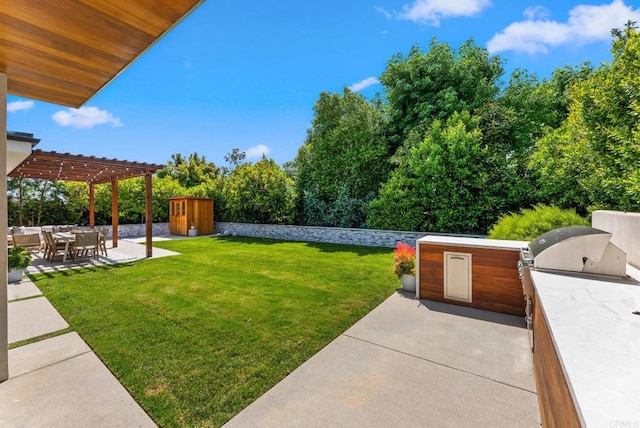 5530 Candlelight Dr, La Jolla, CA 92037 - view of grassy yard with a pergola, a shed, an outdoor kitchen, and a patio