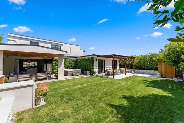 5530 Candlelight Dr, La Jolla, CA 92037 - view of grassy yard with a hot tub, an outdoor living space, a patio, and a pergola