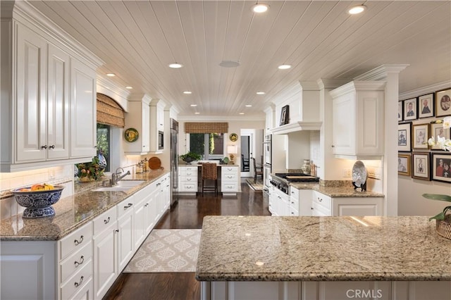 126 Monarch Bay, Dana Point, CA 92629 - kitchen featuring recessed lighting, white cabinets, stainless steel appliances, dark wood-style flooring, and light stone countertops