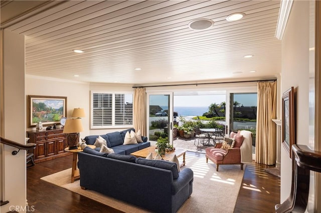 126 Monarch Bay, Dana Point, CA 92629 - living area featuring dark wood finished floors, crown molding, and recessed lighting