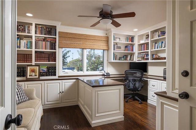 126 Monarch Bay, Dana Point, CA 92629 - office area with built in desk, ceiling fan, dark wood-style floors, crown molding, and recessed lighting