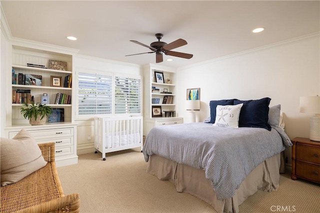 126 Monarch Bay, Dana Point, CA 92629 - bedroom with ornamental molding, light colored carpet, recessed lighting, and ceiling fan