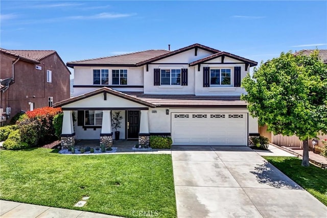 46079 Galaxy Ct, Temecula, CA 92592 - view of front of property featuring stucco siding, concrete driveway, an attached garage, a front yard, and covered porch