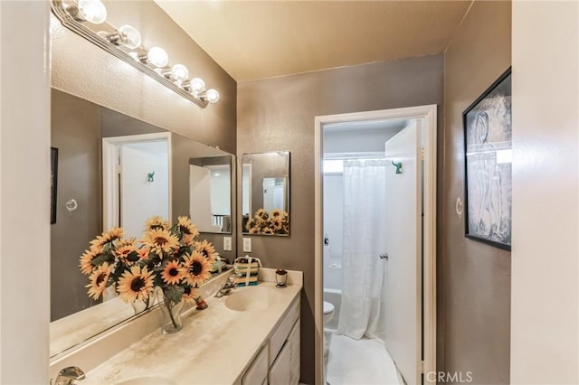 25880 Jumano Dr, Moreno Valley, CA 92551 - bathroom with double vanity and shower / tub combo with curtain