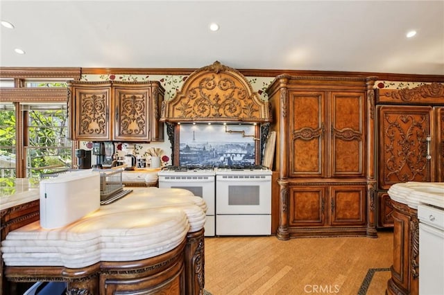 2211 N Moody Ave, Fullerton, CA 92831 - kitchen featuring white appliances, recessed lighting, custom exhaust hood, backsplash, and light countertops