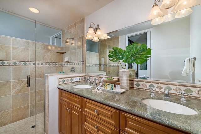 159 Mozart Ave, Cardiff By The Sea, CA 92007 - full bath with double vanity, a shower stall, and a chandelier