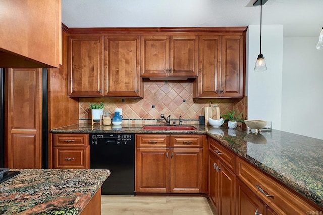 159 Mozart Ave, Cardiff By The Sea, CA 92007 - kitchen with dishwasher, brown cabinets, backsplash, and dark stone countertops