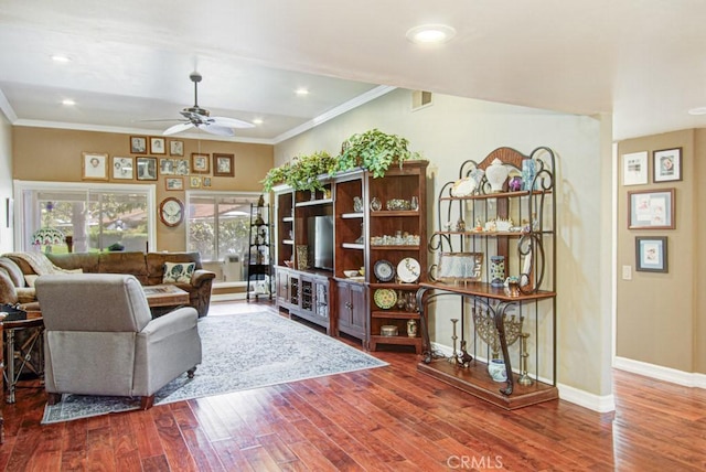 5521 Via La Mesa Unit C, Laguna Woods, CA 92637 - living area featuring crown molding, wood finished floors, ceiling fan, and recessed lighting