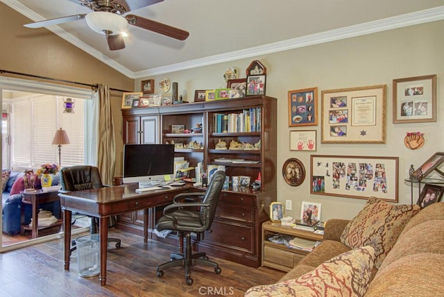 5521 Via La Mesa Unit C, Laguna Woods, CA 92637 - office area with a ceiling fan, wood finished floors, ornamental molding, and lofted ceiling