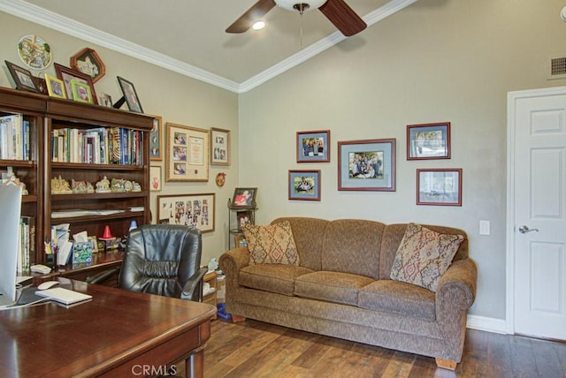 5521 Via La Mesa Unit C, Laguna Woods, CA 92637 - office space featuring ceiling fan, wood finished floors, lofted ceiling, and ornamental molding