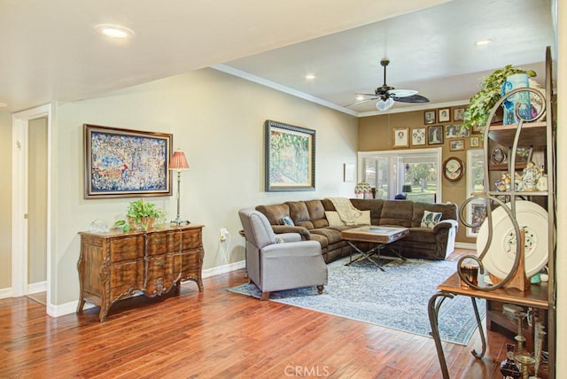 5521 Via La Mesa Unit C, Laguna Woods, CA 92637 - living room featuring ceiling fan, wood finished floors, ornamental molding, and recessed lighting