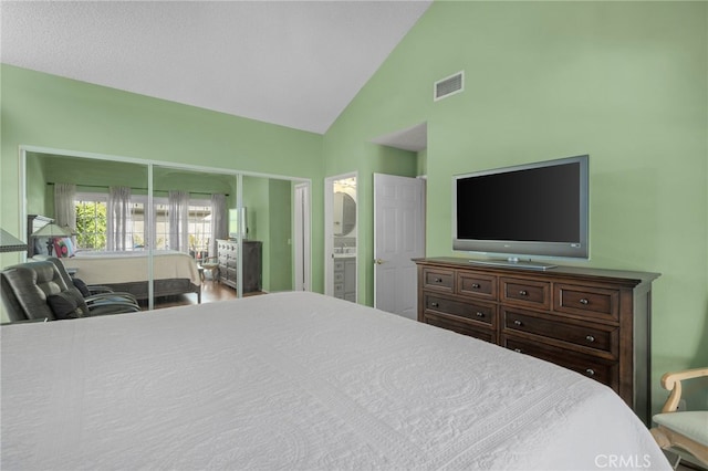 339 W Dawson Ct, Glendora, CA 91740 - bedroom featuring high vaulted ceiling and connected bathroom