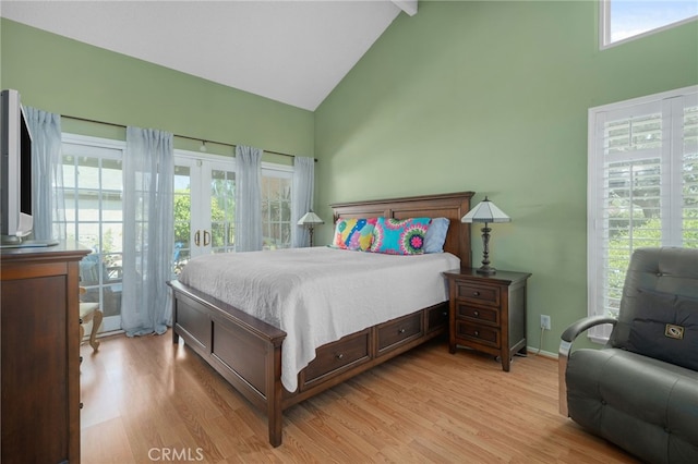 339 W Dawson Ct, Glendora, CA 91740 - bedroom with high vaulted ceiling, light wood finished floors, access to exterior, french doors, and beamed ceiling
