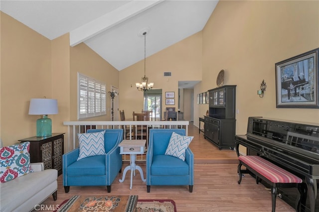 339 W Dawson Ct, Glendora, CA 91740 - living room featuring a chandelier, light wood-type flooring, high vaulted ceiling, and beamed ceiling