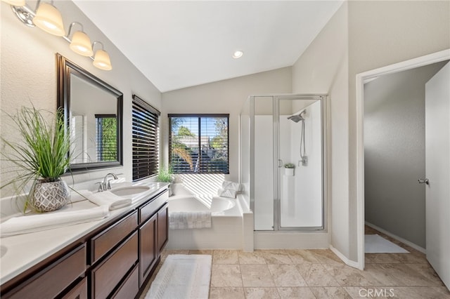 45114 Via Quivera, Temecula, CA 92592 - bathroom featuring lofted ceiling, a stall shower, a bath, and double vanity