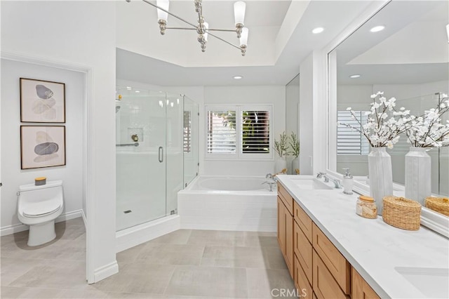 6 Baristo Unit 39, Irvine, CA 92612 - full bath with a bath, double vanity, a stall shower, a chandelier, and recessed lighting
