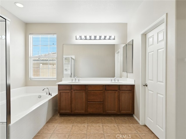 31969 Frontier Manor St, Menifee, CA 92584 - bathroom with double vanity, a bath, and tile patterned floors