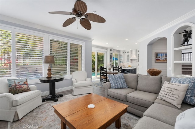 611 Del Dios, San Clemente, CA 92672 - living area with ceiling fan, ornamental molding, light wood-type flooring, arched walkways, and recessed lighting