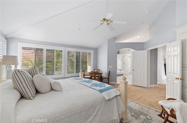 611 Del Dios, San Clemente, CA 92672 - bedroom with arched walkways, light carpet, ceiling fan, and high vaulted ceiling