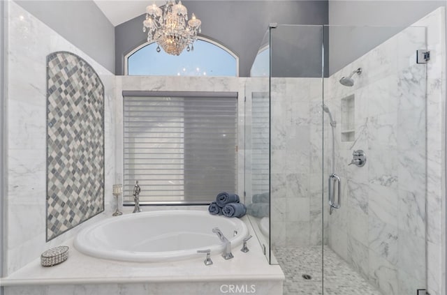 611 Del Dios, San Clemente, CA 92672 - bathroom featuring a bath, a shower stall, and a chandelier