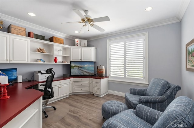 611 Del Dios, San Clemente, CA 92672 - office featuring built in study area, a ceiling fan, ornamental molding, recessed lighting, and light wood-type flooring
