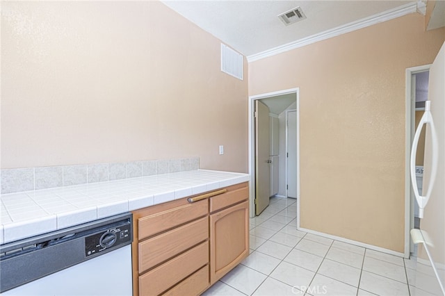 5808 Monterey Pl, Palmdale, CA 93552 - kitchen featuring white dishwasher, crown molding, light tile patterned floors, and refrigerator