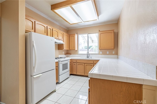 5808 Monterey Pl, Palmdale, CA 93552 - kitchen featuring white appliances, crown molding, under cabinet range hood, light brown cabinets, and light tile patterned floors