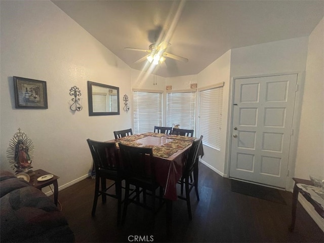 14194 Old Field Ave, Fontana, CA 92337 - dining area featuring vaulted ceiling, dark wood-style floors, and a ceiling fan