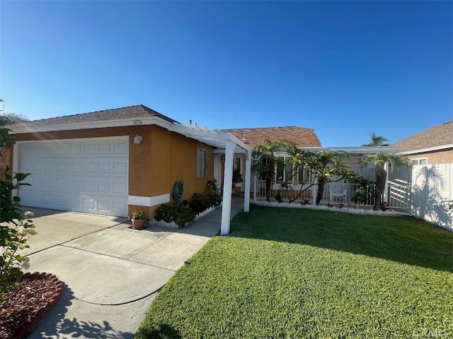 14194 Old Field Ave, Fontana, CA 92337 - view of front of house featuring a front yard, stucco siding, an attached garage, and concrete driveway