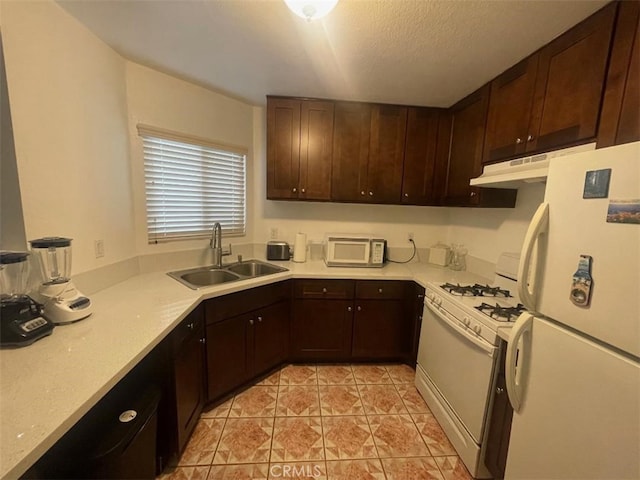 14194 Old Field Ave, Fontana, CA 92337 - kitchen with white appliances, under cabinet range hood, light countertops, dark brown cabinetry, and a textured ceiling