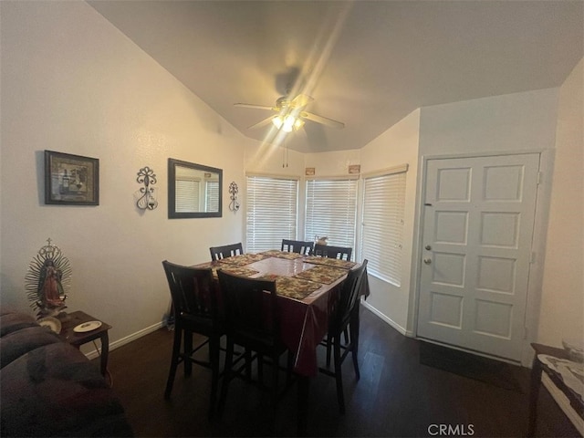 14194 Old Field Ave, Fontana, CA 92337 - dining space with lofted ceiling, ceiling fan, and dark wood-style flooring
