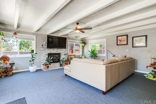 3018 Thunder Dr, Oceanside, CA 92056 - living area featuring beamed ceiling, ceiling fan, carpet flooring, and a fireplace