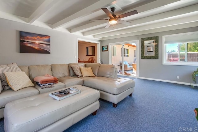 3018 Thunder Dr, Oceanside, CA 92056 - living room featuring beamed ceiling, ceiling fan, and carpet flooring